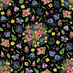 Seamless pattern with roses and wild flowers