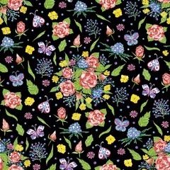Seamless pattern with roses and wild flowers