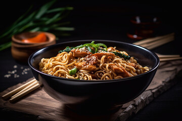 Thai noodles bowl with meat and teriyaki sauce. Restaurant serving. Menu photo. Generative AI.