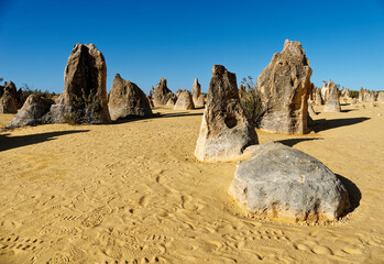 Pinnacles Desert in Nambung National Park, Western Australia, landscape scenery from the desert area with the rocky standing stones in Shire of Dandaragan