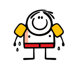 Cartoon wet child got out of the water. Vector illustration of a stickman boy with armbands in swimming trunks.
