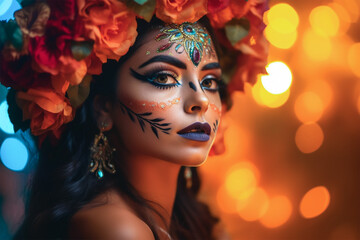 Naklejka na ściany i meble close-up young woman with make-up at the festival Day of the Dead - Dia de los Muertos (Day of the dead) - a holiday dedicated to the memory of the dead.generative Ai