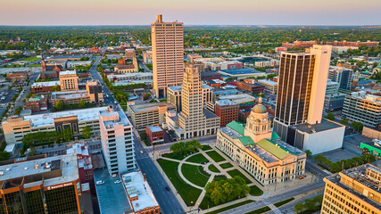 Aerial downtown cityscape skyscrapers courthouse Fort Wayne city Indiana