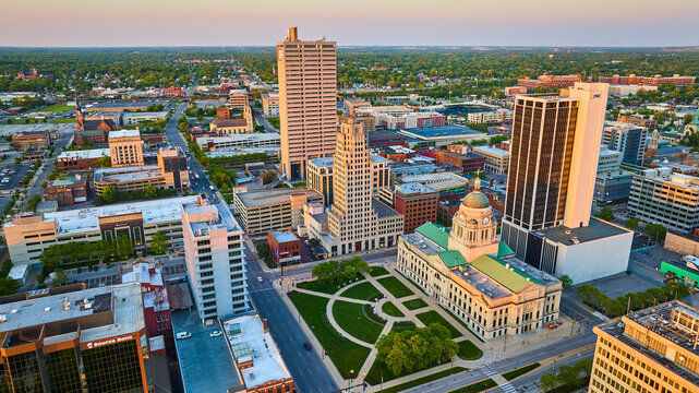 Aerial downtown cityscape skyscrapers courthouse Fort Wayne city Indiana