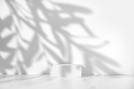Minimal white cosmetics product presentation scene made with empty white pedestal on white background with leaves shadow.