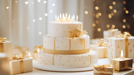 Cake with candles, birthday cake, wedding cake, white and gold, golden cake, white cake, gifts and candles, golden ribbon, sweet food, dessert, luxury cake, expensive food,