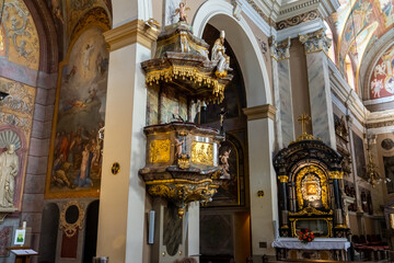 The interior of Ljubljana Cathedral. The oldest record as a church before the cathedral is from 1262. The cathedral features a baroque building and was built in 1701-1706. 