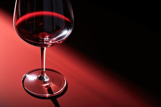 Red wine in a glass on dark red and black background. Wineglasses. Romantic drink for party, wine shop or wine tasting concept. Hard light. Copy space