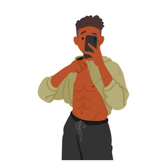 Gym Selfie Concept. Man Capturing A Self-portrait While Working Out, Fit Male Character Showcasing His Belly Press