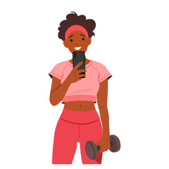 Woman In Gym with Dumbbell Taking A Selfie. Young Fit Female Character Capturing Her Progress, Vector Illustration