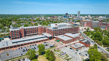 Aerial old General Electric Works factory building refurbished near park in downtown Fort Wayne