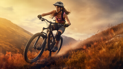 Naklejka na ściany i meble Young woman riding bicycle on mountain trail, cyclist on sports bike, generative AI.