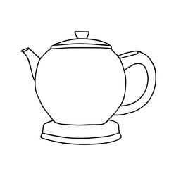 Black hand drawing illustration of a metal kettle with hot water for tea or coffee isolated on a white background
