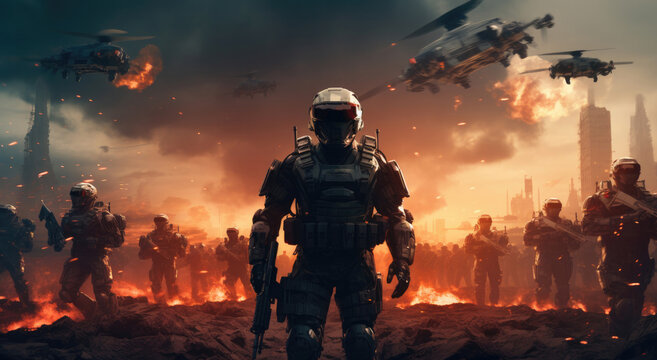 Soldier special forces in helmet with weapons in their hands on a futuristic fire background. Military concept of the future. Science fiction soldiers. High quality illustration.
