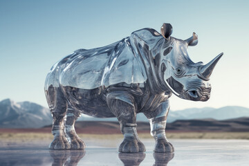 Rhino made of glass in the nature. AI generative art