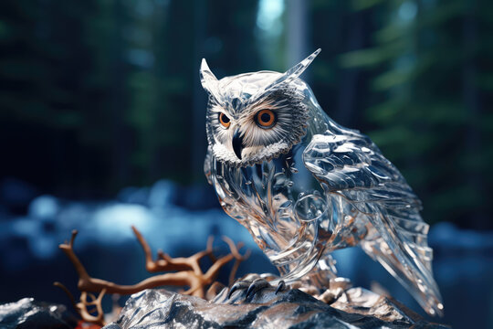 Owl made of glass in the nature. AI generative art