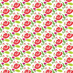 Red Pink Flower Green Leaf Background Pattern For Illustration