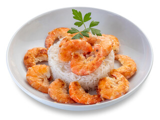 Fried shrimps with rice in white dish with parsley leaves, isolated