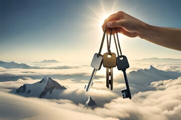 Naklejka premium Bunch of keys hanging from a string,new home buying concept, rent or buy dilemma