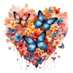Heart of butterflies and flowers, watercolor illustration, generative AI - 626668086