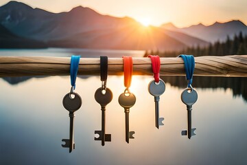Bunch of keys hanging from a string,new home buying concept, rent or buy dilemma - obrazy, fototapety, plakaty
