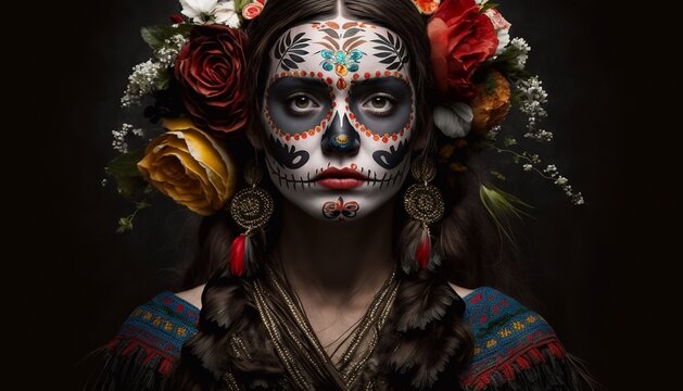 Portrait of a girl with makeup for the Day of the Dead in Mexico. Generative AI.