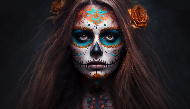 Portrait of a girl with makeup for the Day of the Dead in Mexico. Generative AI.