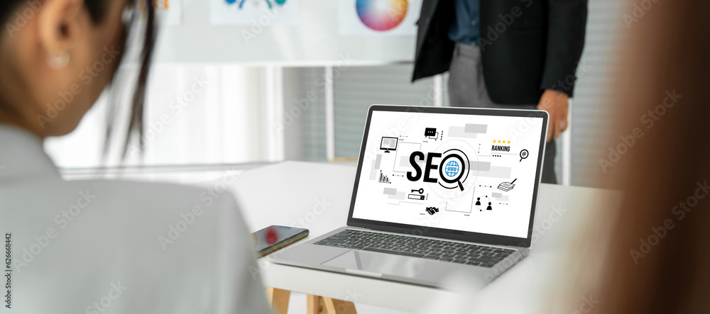 Poster seo search engine optimization for modish e-commerce and online retail business showing on computer 