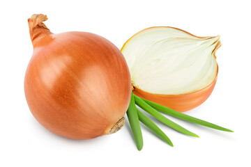 yellow onion with green onion isolated on white background close up