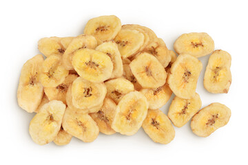 Dried banana chips isolated on white background with full depth of field. Top view. Flat lay