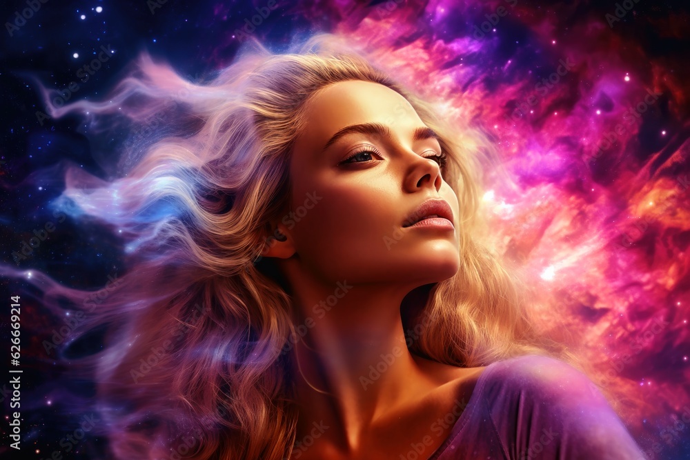 Wall mural ethereal and mesmerizing woman portrait in a galaxy environment created with generative ai technolog