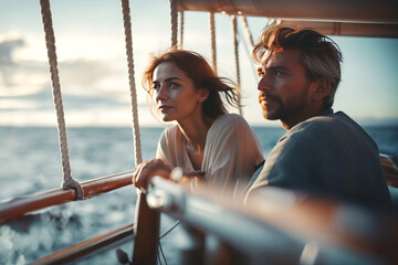 Cinematic Picture of Romantic Couple on a Vintage Sailboat, created with Generative AI technology