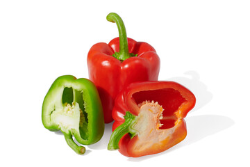 Red and green pepper on white background