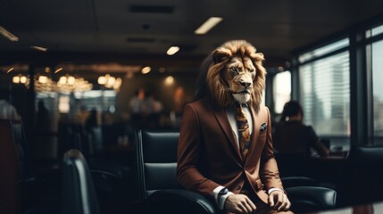 Fototapeta na wymiar Lion businessman. Concept of power, leadership and power in the corporate world. Generative AI