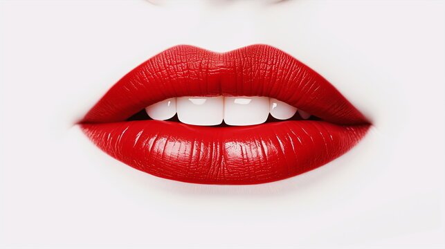 Close up of open female mouth with red lips and white teeth, white background
