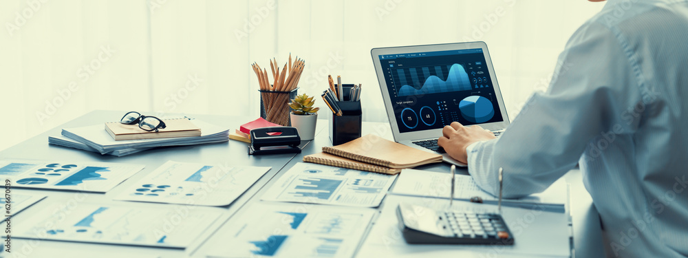 Poster business intelligence and data analysis concept. analyst working on financial data analysis dashboar