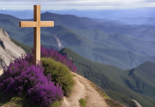 Realistic picture of a wooden Christian cross on mountain with purple sign of royalty, created with Generative AI technology