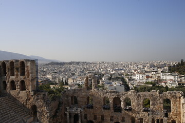 Urban skyline of Athens Greece from the top of the Acropolis landmark on a blue sunny summer sky
