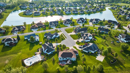 Neighborhood on peninsula of pond and houses around cul-de-sac with landscaping aerial