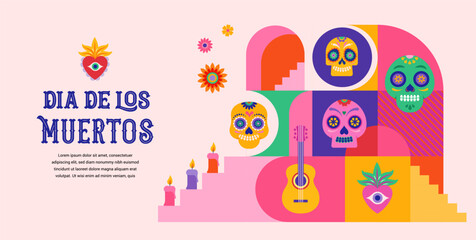 Dia de los muertos, Day of the dead, Mexican holiday, festival. Vector poster, banner and card in modern geometrical style, with skulls, church, guitar and flowers