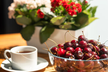 Cherries in a large glass bowl on a wooden table. Next to a cup of tea and kalanchoe flowers in a white planter. Sunny summer day on the balcony
