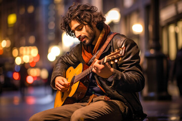 A male musician on a city street, channeling his passion and focus into his instrument