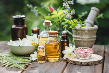 Concept of pure natural ingredients in cosmetology, aromatherapy, naturopathic, herbal extracts and...