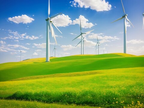 wind turbines farm, wind power wonderland, wind turbines windmill energy farm, Wind turbine in a yellow flower field of rapeseed  