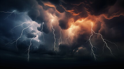 Dangerous thunderstorm with thunderbolts, orange black blue clouds - obrazy, fototapety, plakaty
