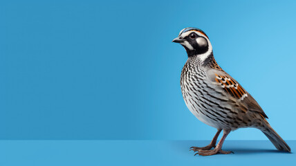 Advertising portrait, banner, classic color bird quail, in full growth, isolated on blue background