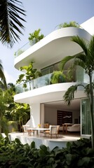Fototapeta na wymiar Bali style Inviting Retreat, Contemporary Residence luxury villa with large swimming pool, Luxury modern estate property , Summer vacation, tourism, generative ai.