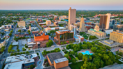 Freimann Square aerial downtown Fort Wayne sunrise courthouse City of Churches cathedral buildings