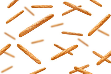 Falling Baguette isolated on white background, selective focus