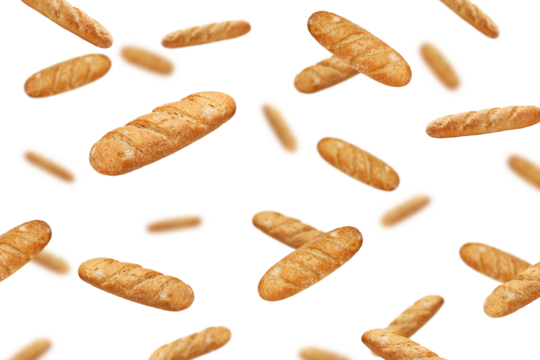 Falling Bread isolated on white background, selective focus